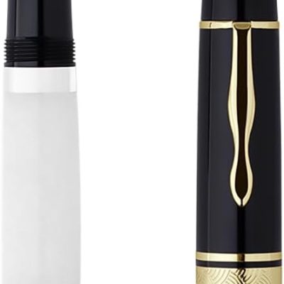 Resin Fountain Pen (Fine Nib): Brass piston-filling system; high-capacity writing instrument; includes gift box; available in Black or White.