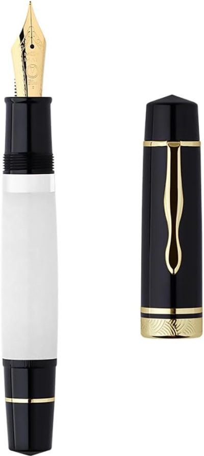 Resin Fountain Pen (Fine Nib): Brass piston-filling system; high-capacity writing instrument; includes gift box; available in Black or White.
