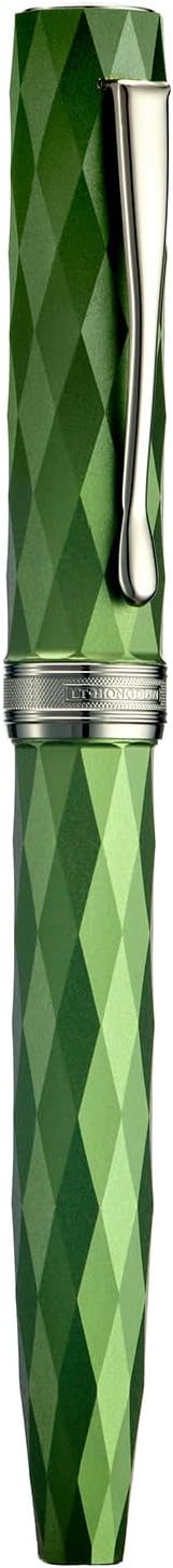 Fountain Pen: Titanium-coated black fine-flex nib; grass-green finish with a geometric diamond pattern design; includes metal gift box set.