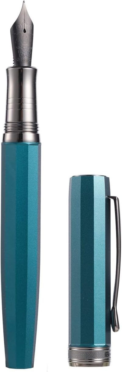 Fountain Pen — Titanium-Coated Black Extra-Fine Soft Nib, Peacock Blue Octagonal Geometric Design; Includes Metal Gift Case