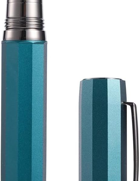 Fountain Pen — Titanium-Coated Black Extra-Fine Soft Nib, Peacock Blue Octagonal Geometric Design; Includes Metal Gift Case