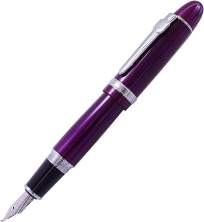 Fountain Pen: Bent nib; purple lacquer finish with silver trim; features a substantial, heavyweight body; includes a protective sleeve and ink converter.