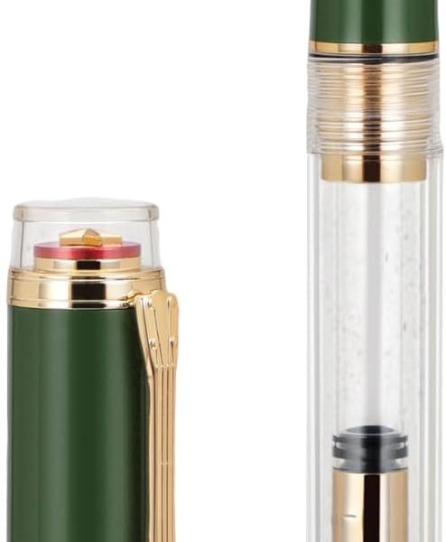 Fountain Pen: "Naginata" (Long Blade) nib; military green finish; features a luxurious guitar-shaped clip and high-capacity ink converter; a dedicated calligraphy pen.