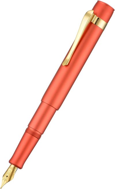 Mini Fountain Pen — Medium Soft Gold Nib, Streamlined Aluminum Alloy Compact Travel Pen (Orange-Red)