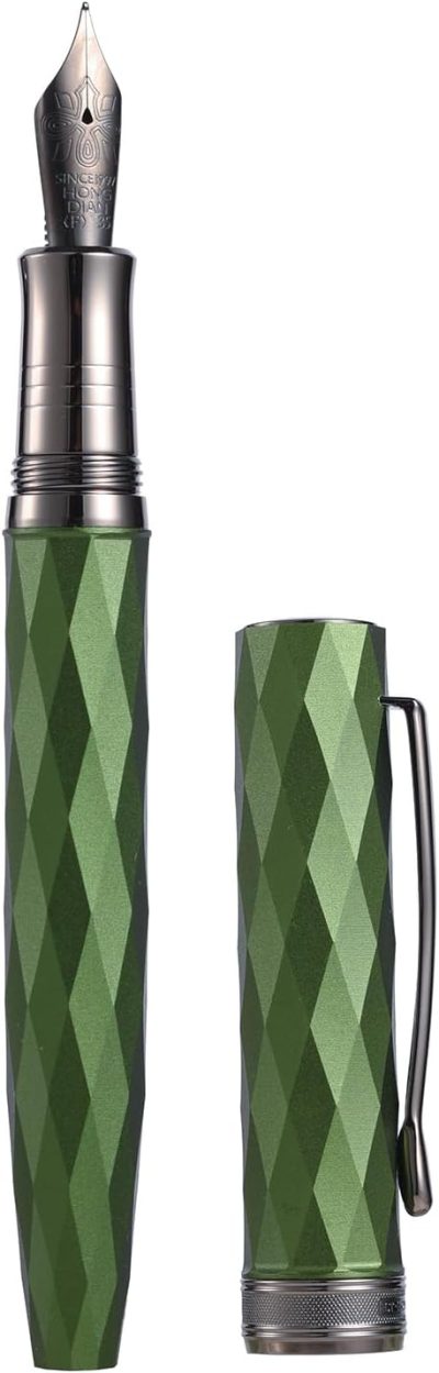 Fountain Pen: Titanium-coated black fine-flex nib; grass-green finish with a geometric diamond pattern design; includes metal gift box set.
