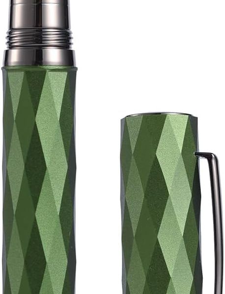 Fountain Pen: Titanium-coated black fine-flex nib; grass-green finish with a geometric diamond pattern design; includes metal gift box set.