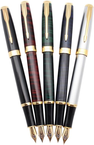 Set of 5 Classic Metal Fountain Pens: Includes ink converters; features a 5-color assortment; an exquisite gift pen set.