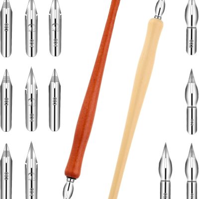 14-Piece Dip Pen Set: Wooden calligraphy and drawing tool kit; includes 12 interchangeable flexible nibs; suitable for beginners and professionals for writing, drawing, signing, and sketching.