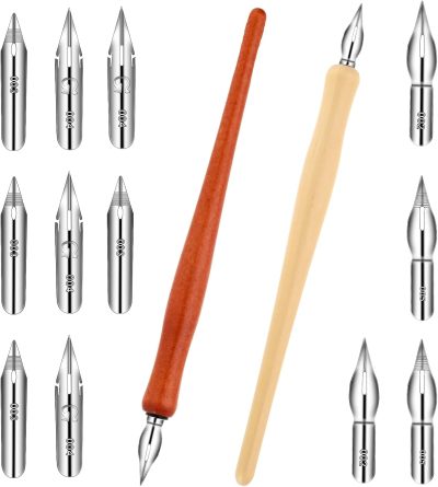 14-Piece Dip Pen Set: Wooden calligraphy and drawing tool kit; includes 12 interchangeable flexible nibs; suitable for beginners and professionals for writing, drawing, signing, and sketching.