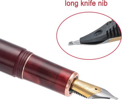 Fountain Pen (Red Model) — Acrylic Body with Naginata-Style Fine Nib, Rose Gold Accents, and Maple Leaf-Engraved Cap; Smooth Writing Performance; Includes Ink Converter and Metal Gift Box Set