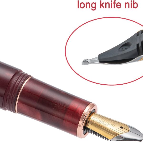 Fountain Pen (Red Model) — Acrylic Body with Naginata-Style Fine Nib, Rose Gold Accents, and Maple Leaf-Engraved Cap; Smooth Writing Performance; Includes Ink Converter and Metal Gift Box Set