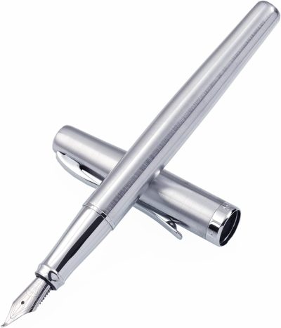 Bent-Nib Fountain Pen (Silver Finish) — Specialized Calligraphy Pen; Includes Ink Converter