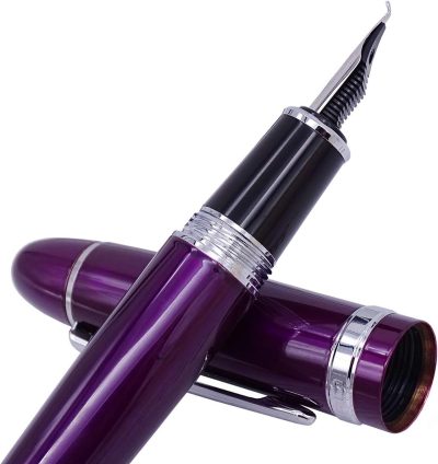 Fountain Pen: Bent nib; purple lacquer finish with silver trim; features a substantial, heavyweight body; includes a protective sleeve and ink converter.