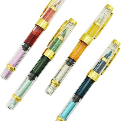 4-Piece Fountain Pen Set — Fine Nib, Transparent Multi-Color Design with Gold Accents
