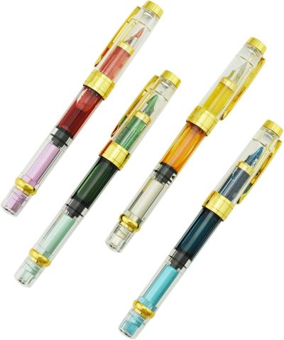 4-Piece Fountain Pen Set — Fine Nib, Transparent Multi-Color Design with Gold Accents