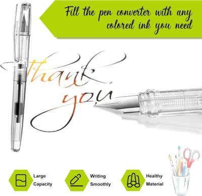 16-Piece Refillable Disposable Fountain Pen Set — Fine Nib Signature Pens with Piston Filling Mechanism; Ideal for Calligraphy, Drawing, Sketching, Journaling, and Schoolwork (Transparent)