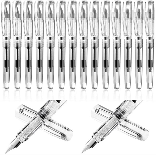 16-Piece Refillable Disposable Fountain Pen Set — Fine Nib Signature Pens with Piston Filling Mechanism; Ideal for Calligraphy, Drawing, Sketching, Journaling, and Schoolwork (Transparent)